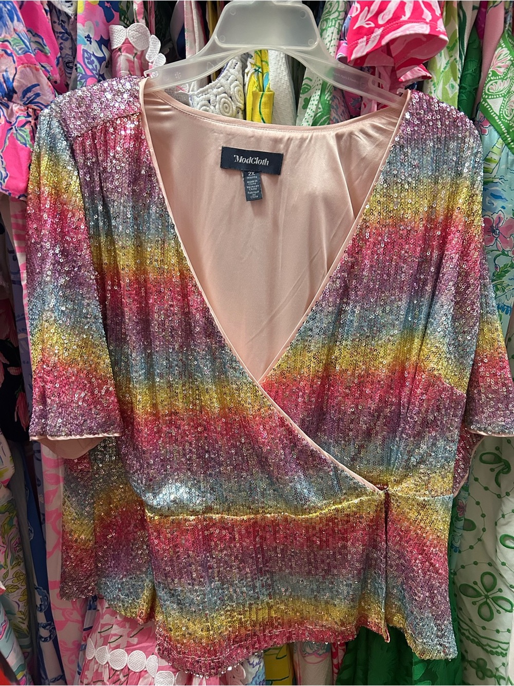 ModCloth Pink Multi-Stripe Sequin Wrap Blouse